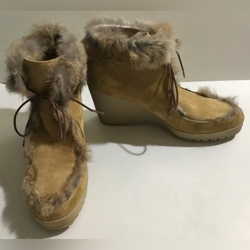 Coach ‘Kataya’ suede leather and fur wedge bootie